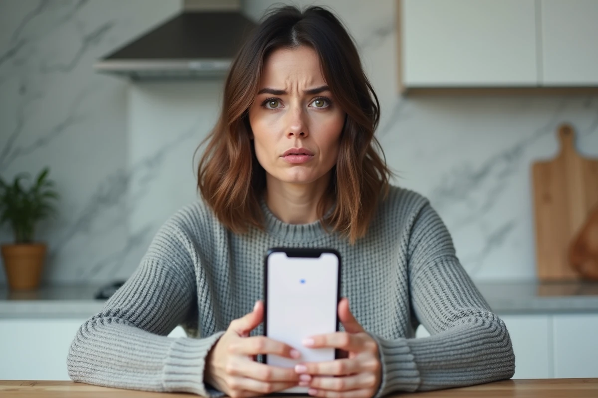 Femme consultant un message d'erreur d'accès refusé à sa messagerie sur son smartphone dans une cuisine moderne