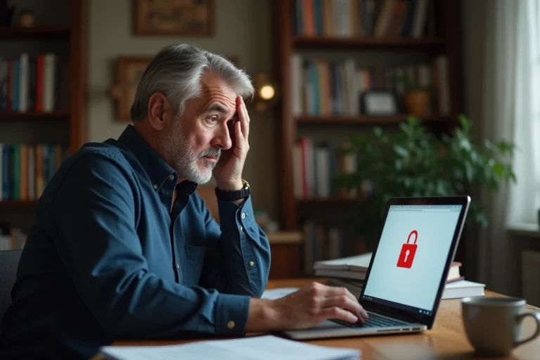 Homme frustré devant un message d'erreur de connexion à sa messagerie Laposte.net sur un ordinateur portable