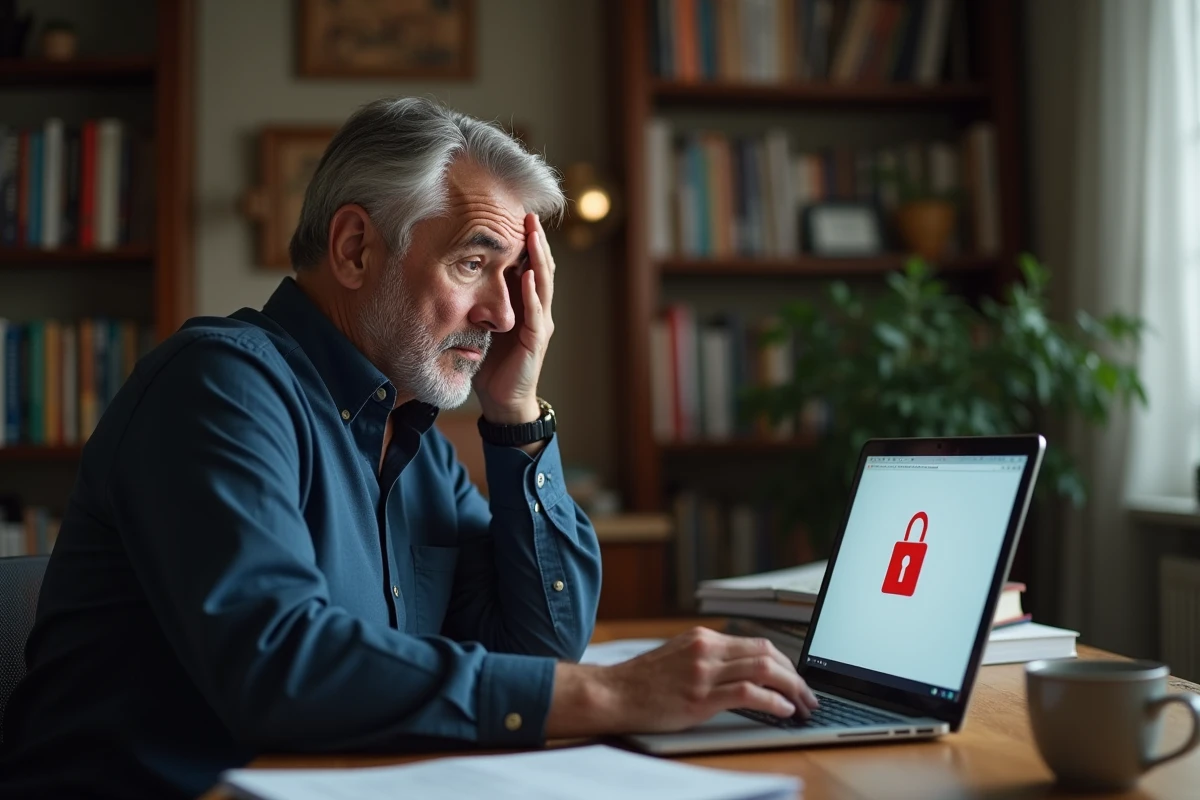 Homme frustré devant un message d'erreur de connexion à sa messagerie Laposte.net sur un ordinateur portable