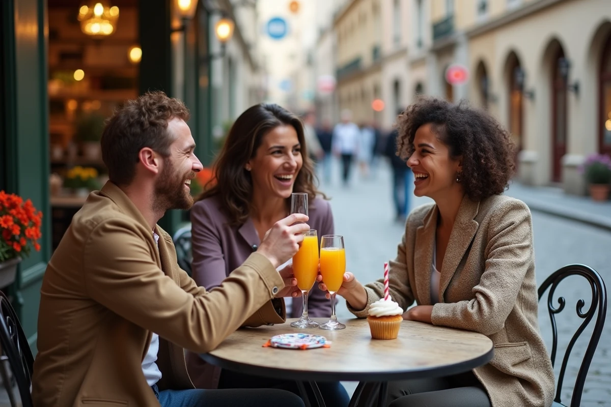 Groupe d'amis fêtant une occasion spéciale autour d'une table de café en terrasse