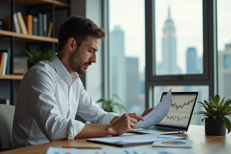 Homme analysant des graphiques boursiers et des rapports financiers à son bureau dans un bureau moderne avec vue sur la ville