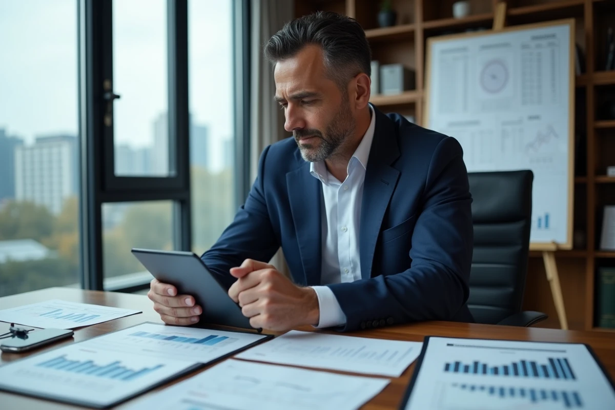 Analyste financier examinant l'indice de confiance Dirvox en baisse sur une tablette dans un bureau moderne