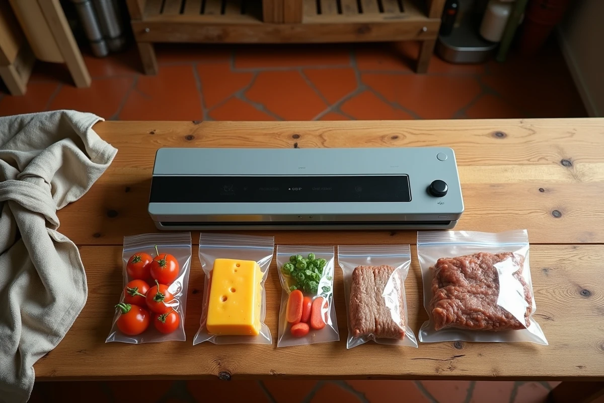Appareil de mise sous vide avec sachets alimentaires scellés sur une table en bois rustique