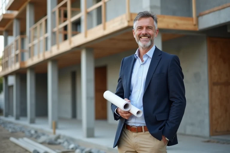 Architecte souriant sur un chantier en construction
