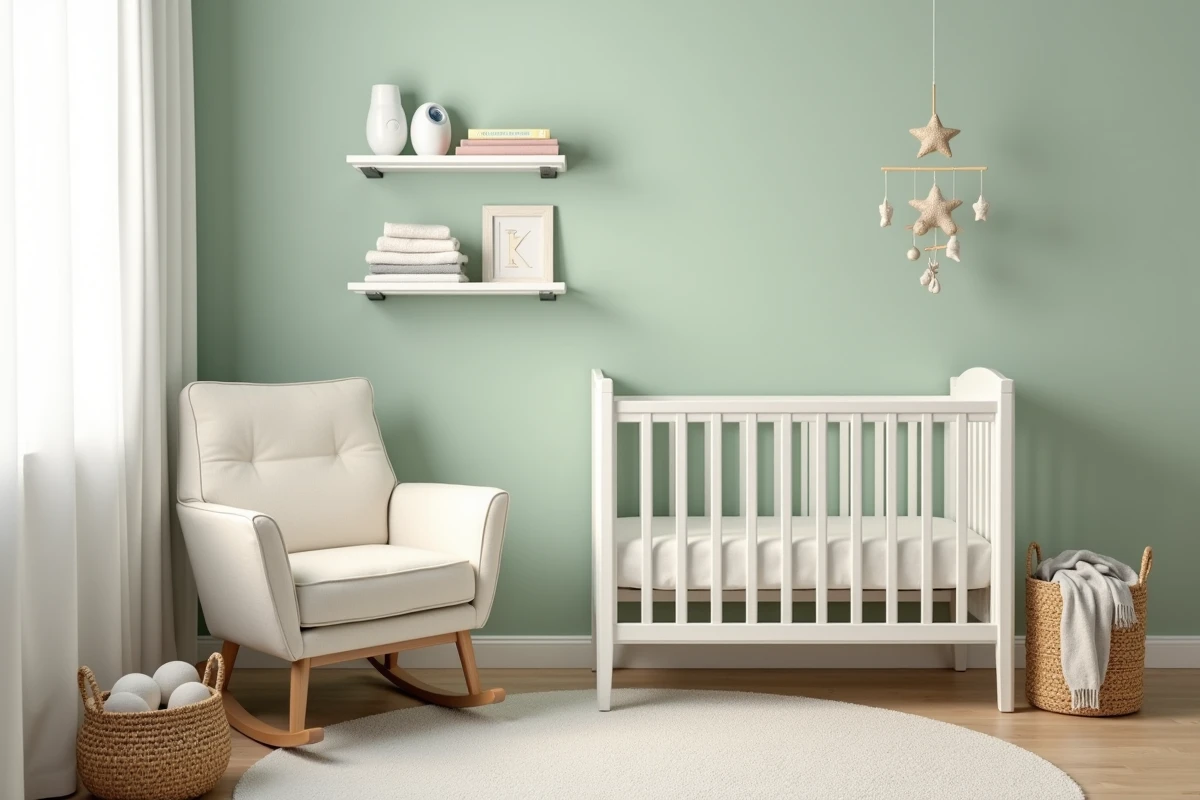 Coin chambre de bébé aménagé avec fauteuil à bascule, lit en bois et étagère de rangement