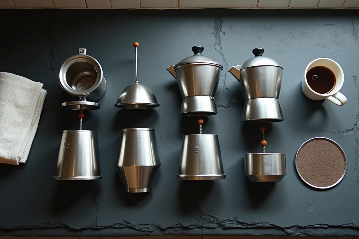 Vue à plat des composants démontés d'une cafetière moka avec traces d'eau sur l'ardoise sombre