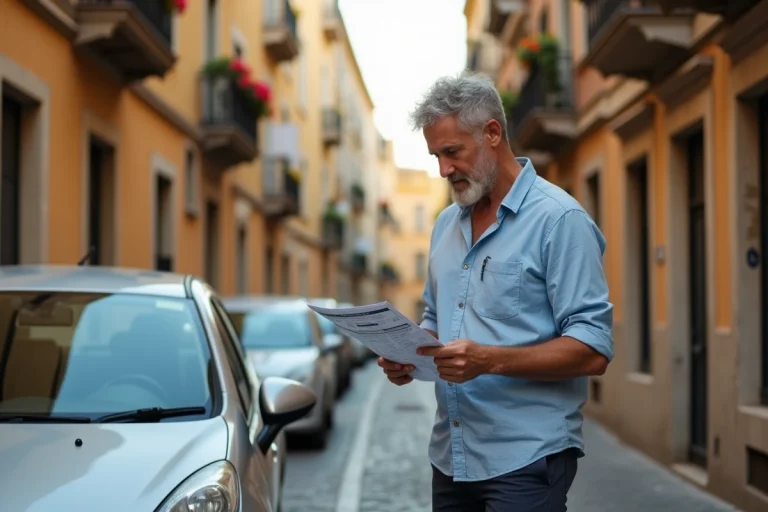 Conducteur consultant une carte des zones de stationnement dans une rue de Palerme pour éviter la ZTL