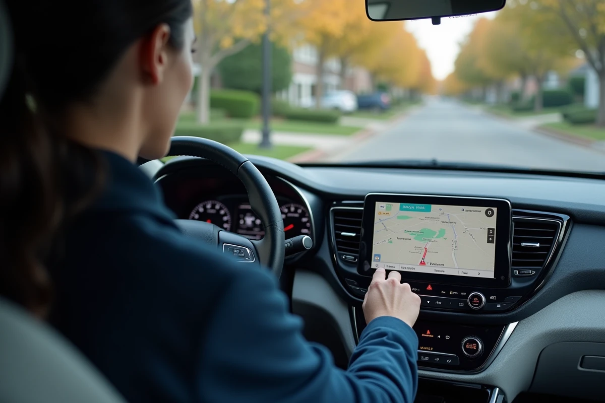 Femme configurant l'application Waze sur l'écran tactile intégré d'un SUV avant de démarrer un trajet