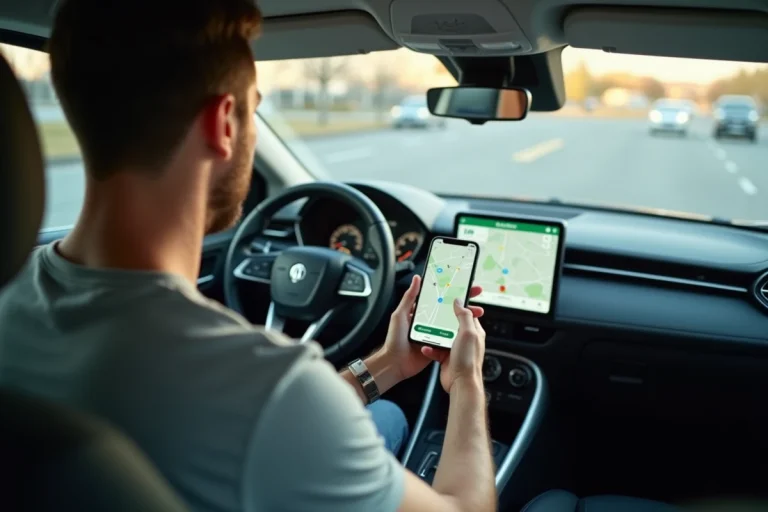 Homme connectant son smartphone avec l'application Waze au système GPS embarqué de sa voiture via un câble USB