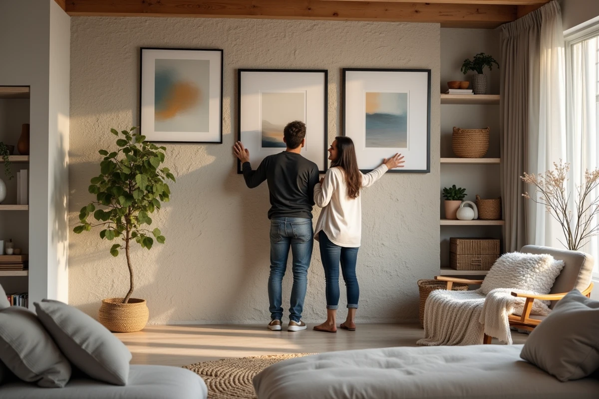 Jeune couple accrochant une œuvre d