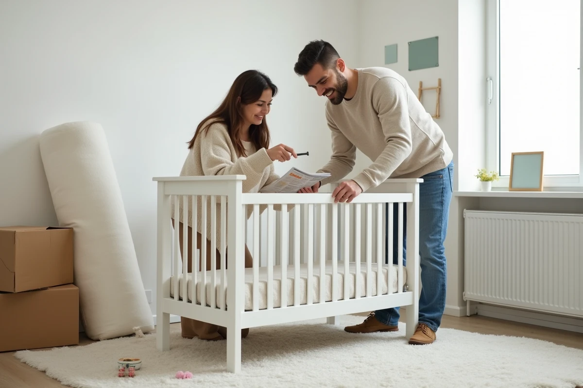 Couple assemblant un lit de bébé en bois dans une chambre en cours d'aménagement