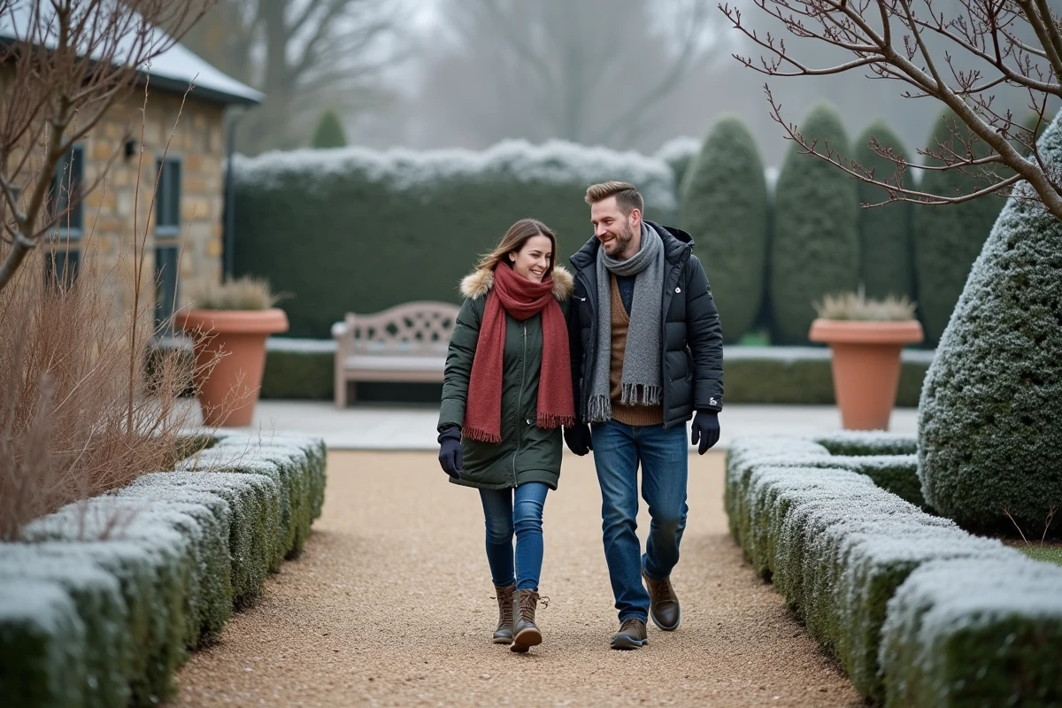 Couple se promenant dans un jardin paysager en hiver avec givre et graminées ornementales