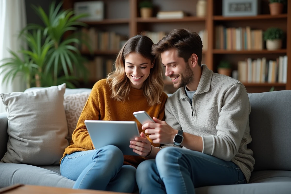 Couple comparant des annonces de location immobilière sur tablette et smartphone depuis leur canapé