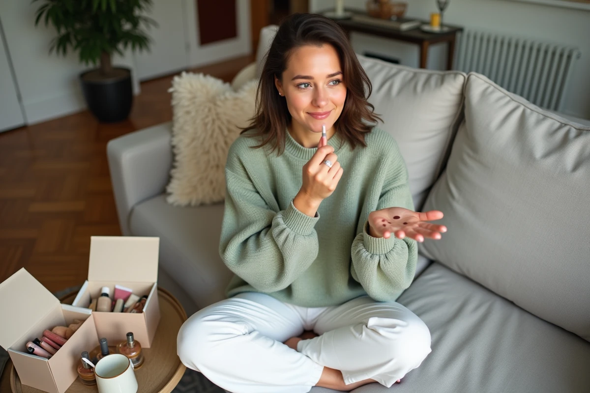 Femme déballant des boîtes beauté tendance et testant des teintes de produits cosmétiques sur son canapé à la maison