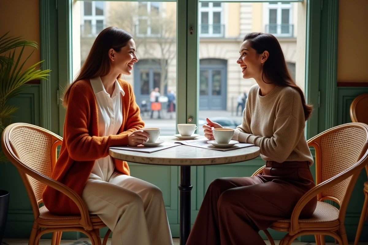 Deux femmes élégamment habillées discutant autour d'un café parisien avec des magazines de mode, tendances vestimentaires saisonnières