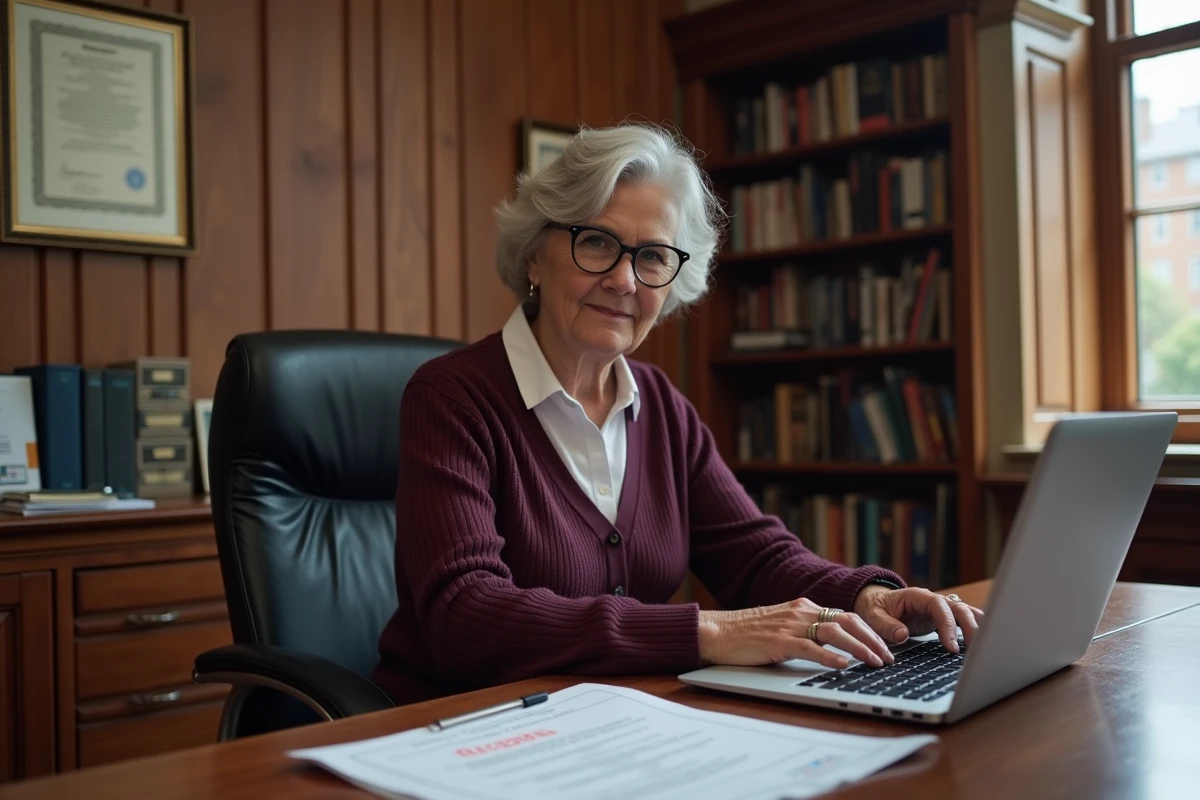Directrice d'établissement scolaire consultant le code RNE de son école sur ordinateur avec un certificat d'immatriculation officiel posé sur le bureau