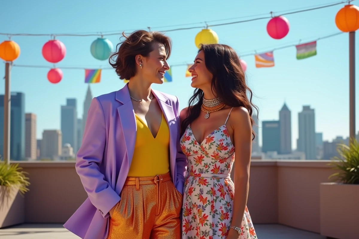 Deux personnes en tenues colorées et stylées pour la gay pride 2026, sur un rooftop urbain décoré de drapeaux arc-en-ciel