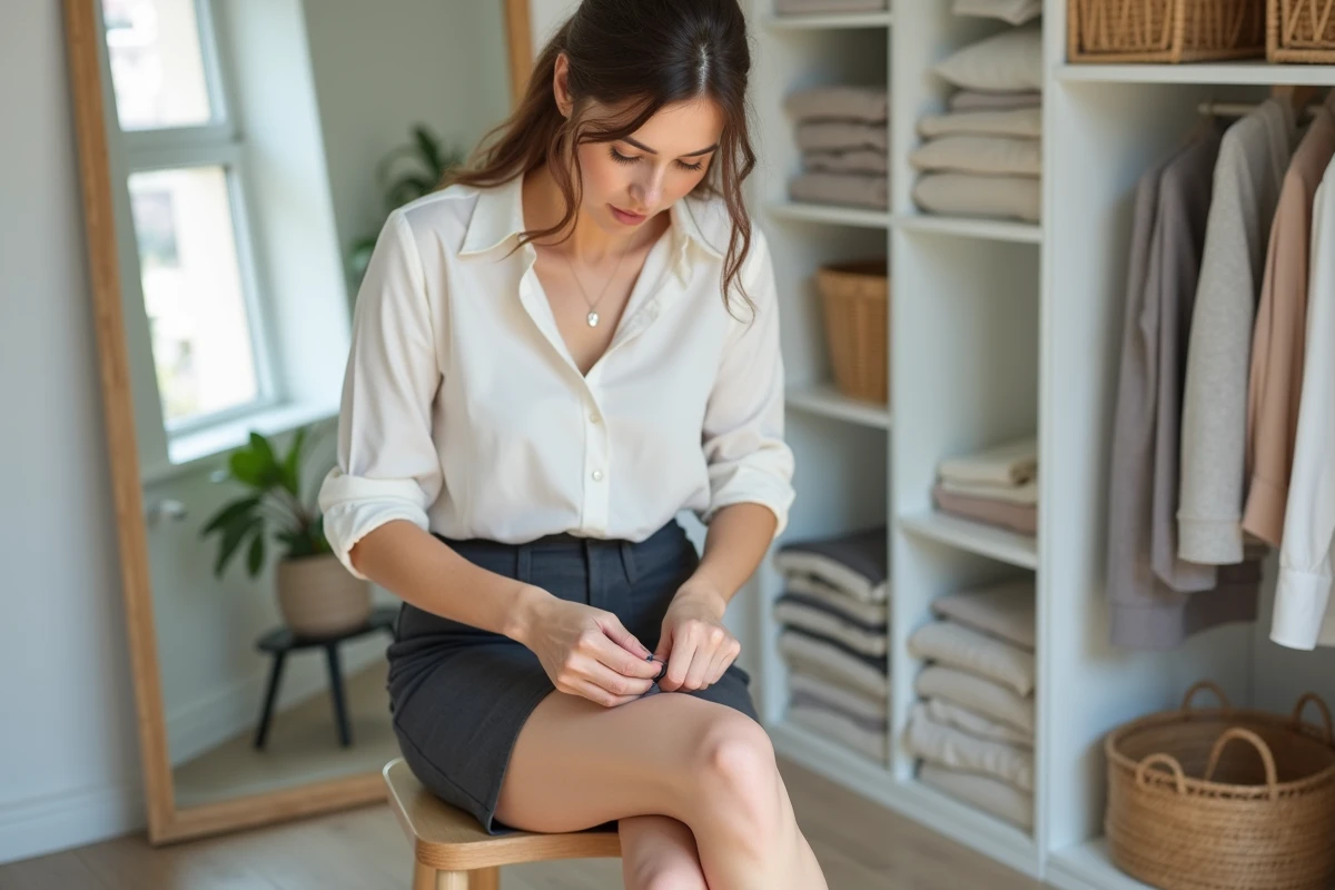 Femme enfilant un collant transparent dans un dressing scandinave épuré