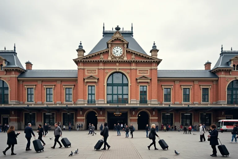 Façade extérieure de la Gare Lille Flandres avec voyageurs et architecture en brique du XIXe siècle