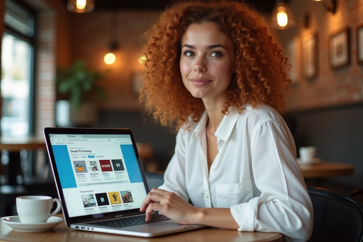 Femme consultant un annuaire de téléchargement en ligne depuis un café avec son ordinateur portable
