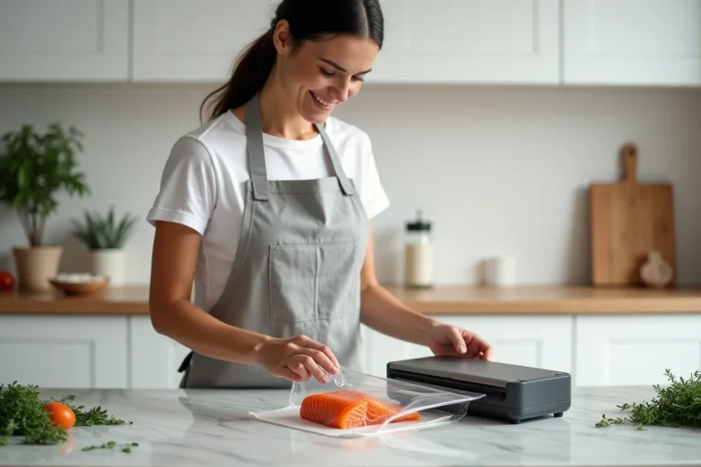 Femme utilisant un appareil de mise sous vide pour emballer du saumon frais dans une cuisine moderne