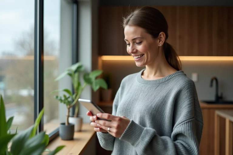 Femme consultant une application météo sur son smartphone depuis son appartement, comparant les prévisions de Météo France et La Chaîne Météo