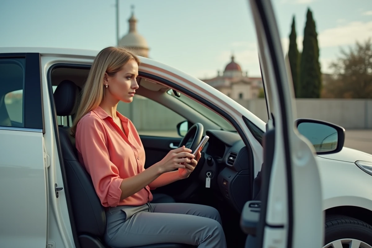 Femme utilisant une application de stationnement sur smartphone dans un parking de Palerme hors zone ZTL