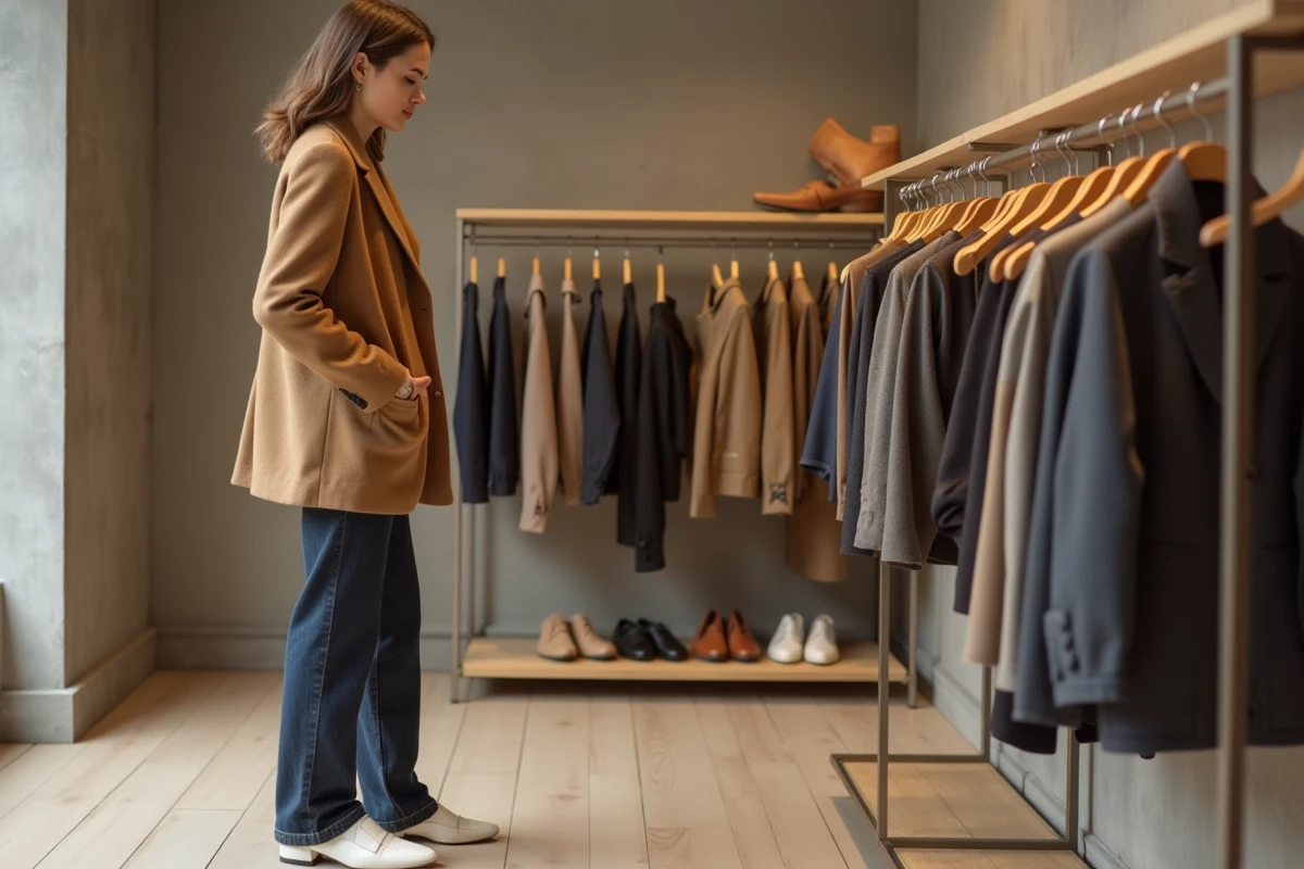 Femme élégante en blazer camel parcourant les rayons d'une boutique de mode minimaliste parisienne, tendances mode automne