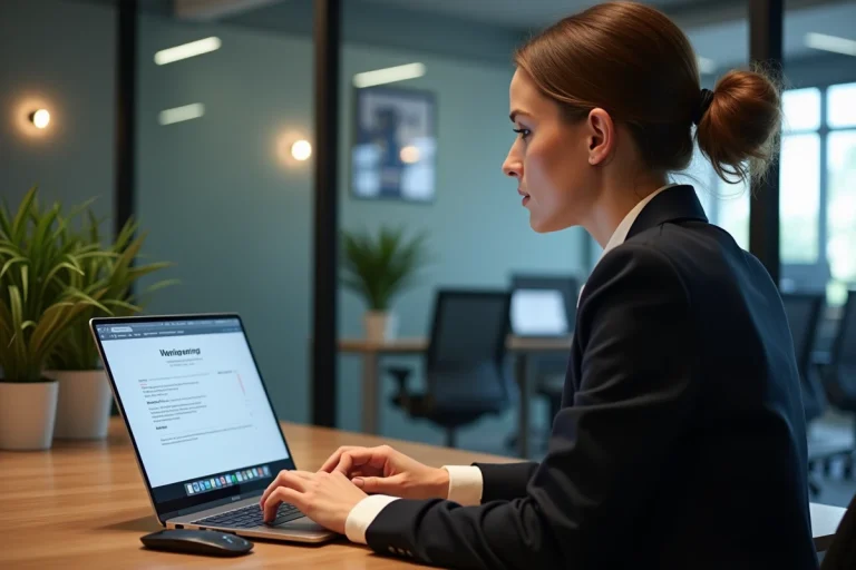 Femme au bureau regardant un sitemap sur son ordinateur