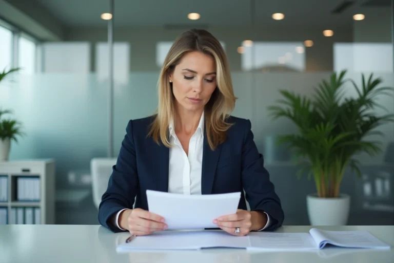 Femme cadre consultant des documents administratifs officiels liés au code RNE d'un établissement dans un bureau professionnel moderne