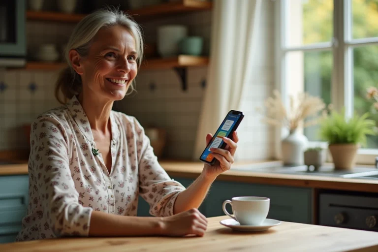 Femme consultant son calendrier de fêtes et anniversaires sur smartphone dans une cuisine chaleureuse