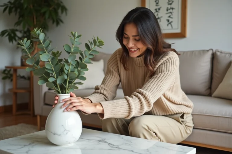 Femme souriante arrangeant un vase avec eucalyptus dans un salon moderne