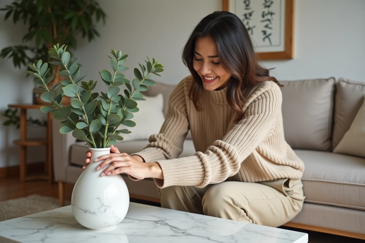 Femme souriante arrangeant un vase avec eucalyptus dans un salon moderne