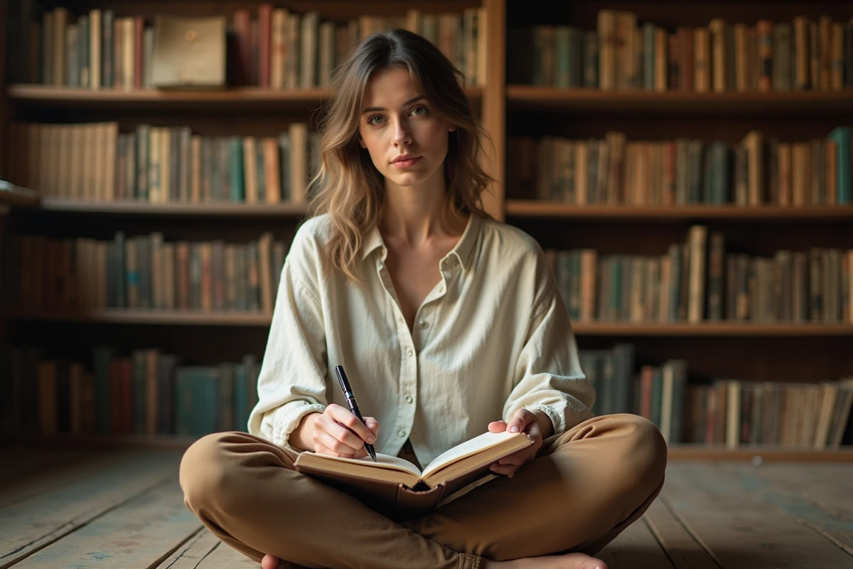 Femme écrivant de la poésie dans un carnet en librairie indépendante, ambiance chaleureuse et artistique