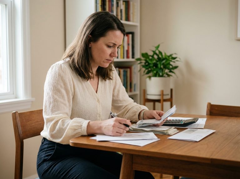 Femme en train de gérer ses factures à la maison