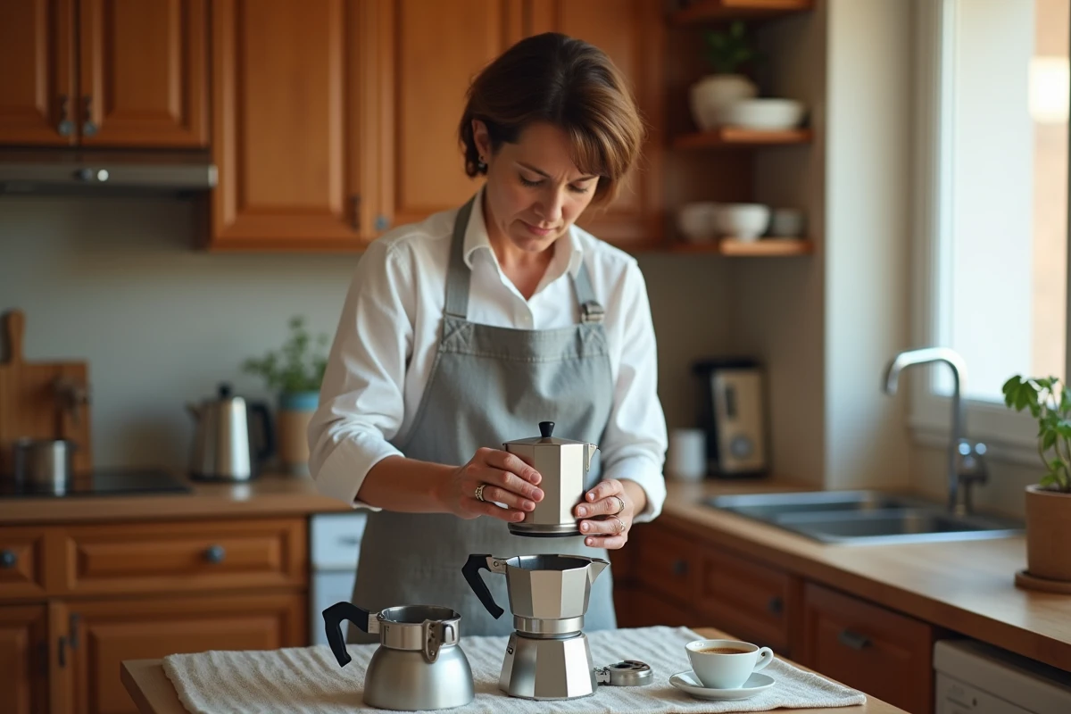 Femme inspectant les pièces démontées d'une cafetière italienne aluminium sur un torchon de cuisine