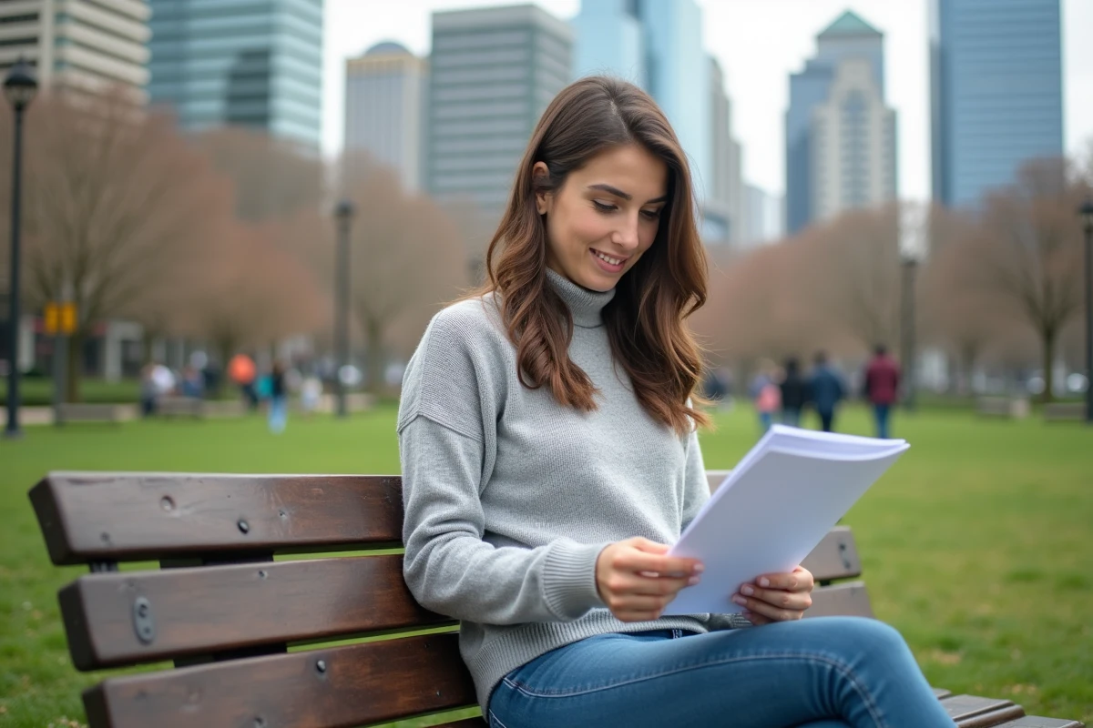 Jeune femme en extérieur compare des brochures d