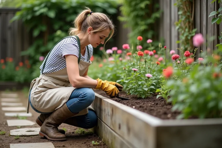 Femme jardinant dans un potager surélevé en bois avec des plants à repiquer au printemps