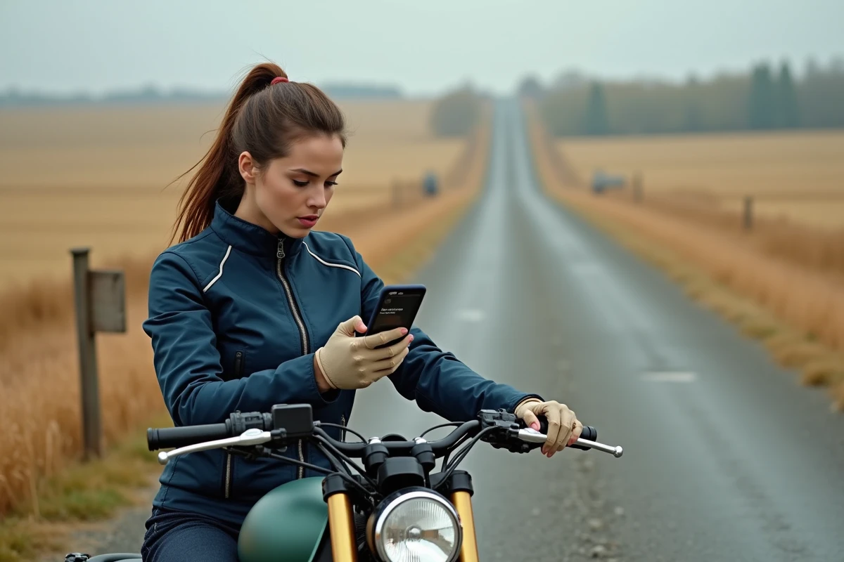 Femme motarde utilisant une application GPS moto à un carrefour de campagne