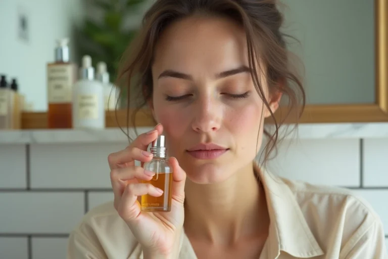Femme à peau sensible sentant un flacon de parfum en verre dans une salle de bain en marbre blanc à Paris
