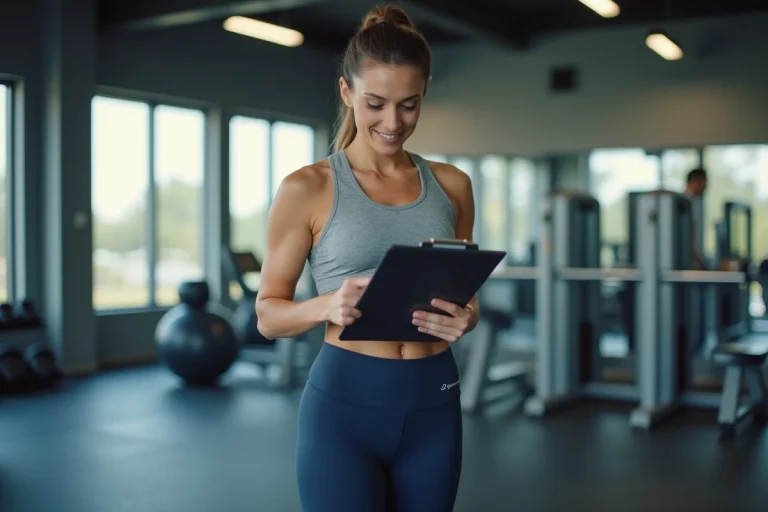 Femme active consultant son programme de sport dans une salle de musculation moderne