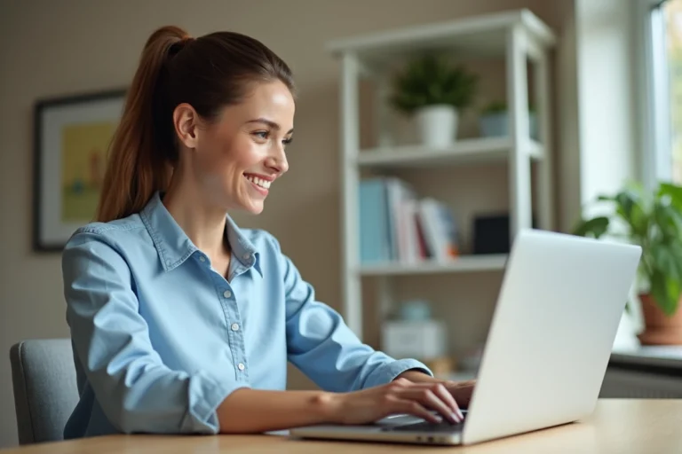 Femme consultant les services de location en ligne sur un ordinateur portable dans un bureau à domicile