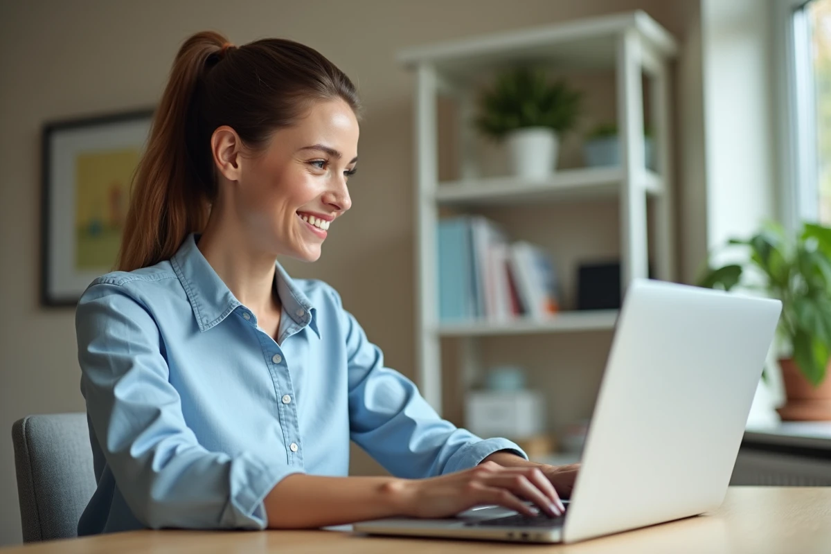 Femme consultant les services de location en ligne sur un ordinateur portable dans un bureau à domicile