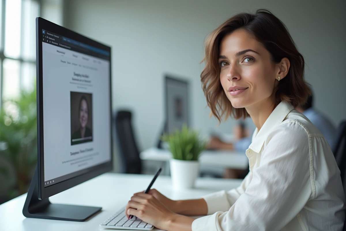Femme utilisant un navigateur web pour télécharger une vidéo Uqload sur un poste de travail moderne