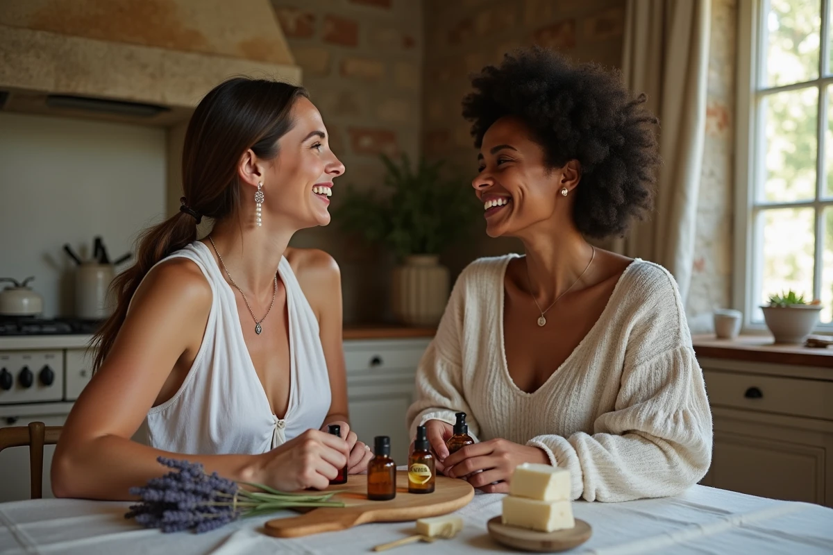 Deux femmes aux peaux sensibles comparant des flacons de parfum naturel autour d'une table en pierre dans une cuisine provençale