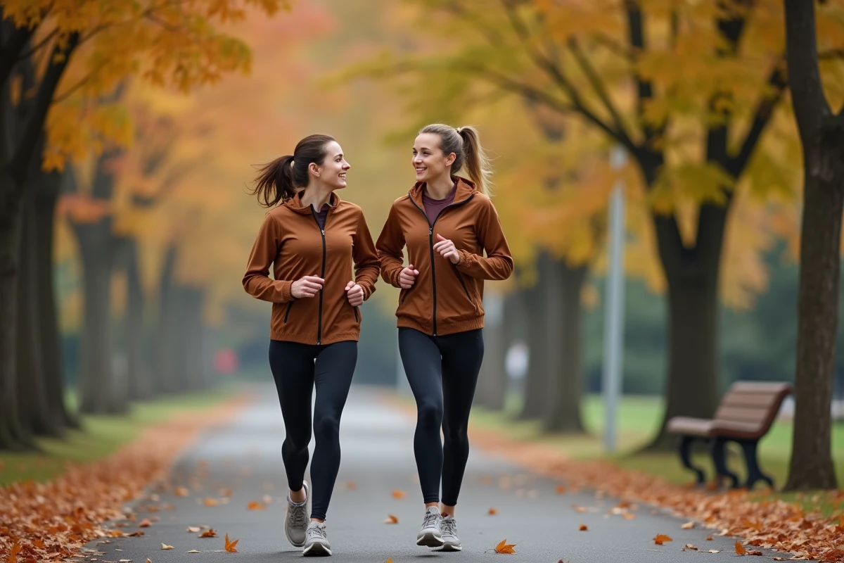 Two women following a running program together outdoors in a park during autumn