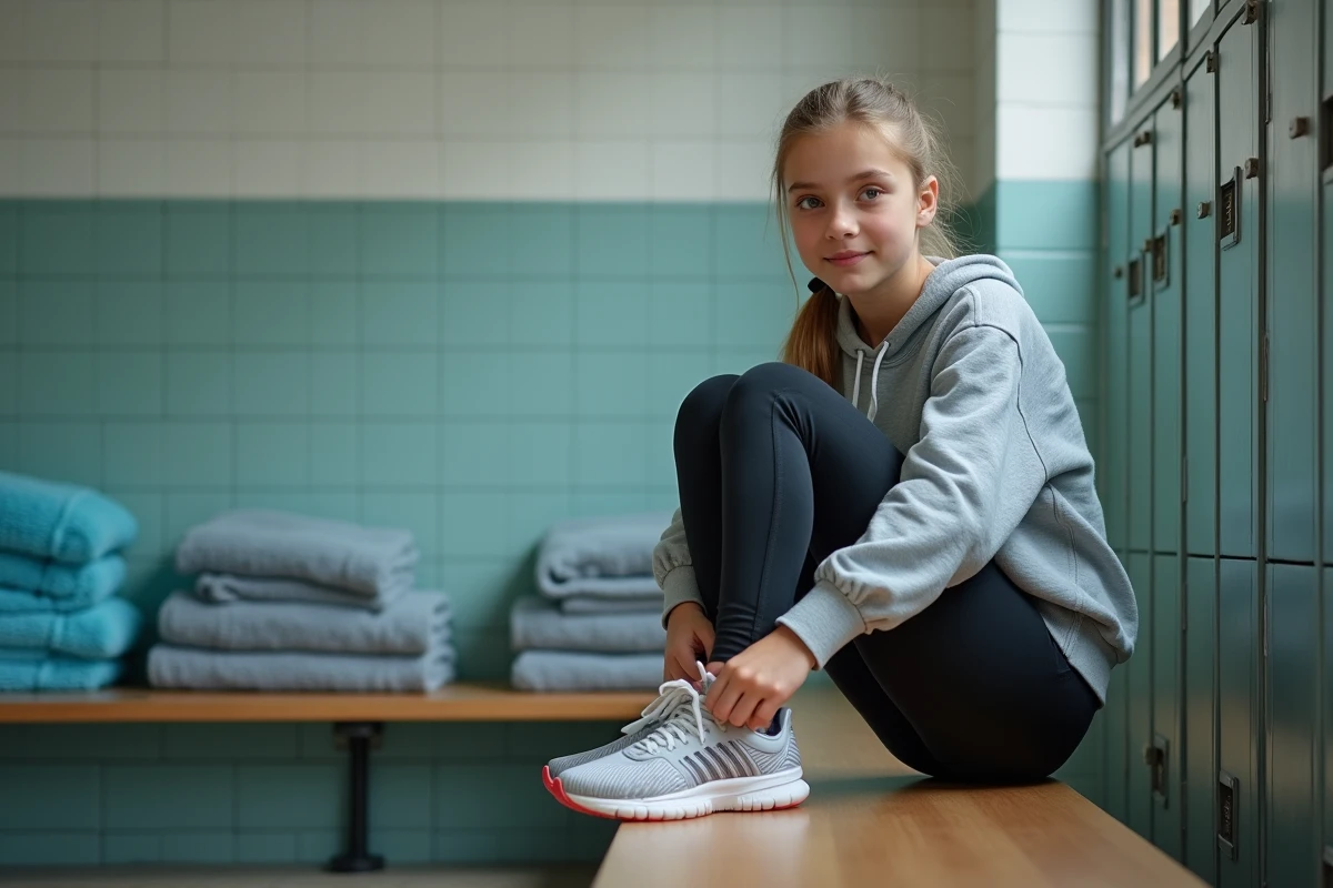 Fille de 15 ans attache ses chaussures dans le vestiaire