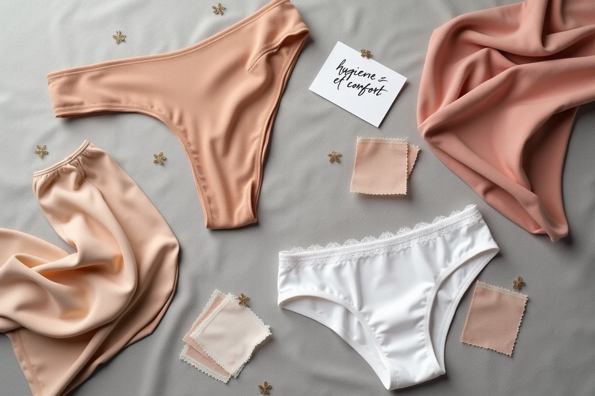 Flat lay éditorial de collants variés et sous-vêtements avec étiquettes de deniers sur lin gris