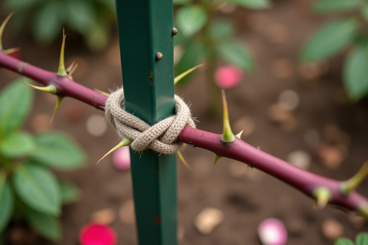 Gros plan sur une tige de rosier redressée et attachée à un tuteur métallique vert avec un lien en tissu doux