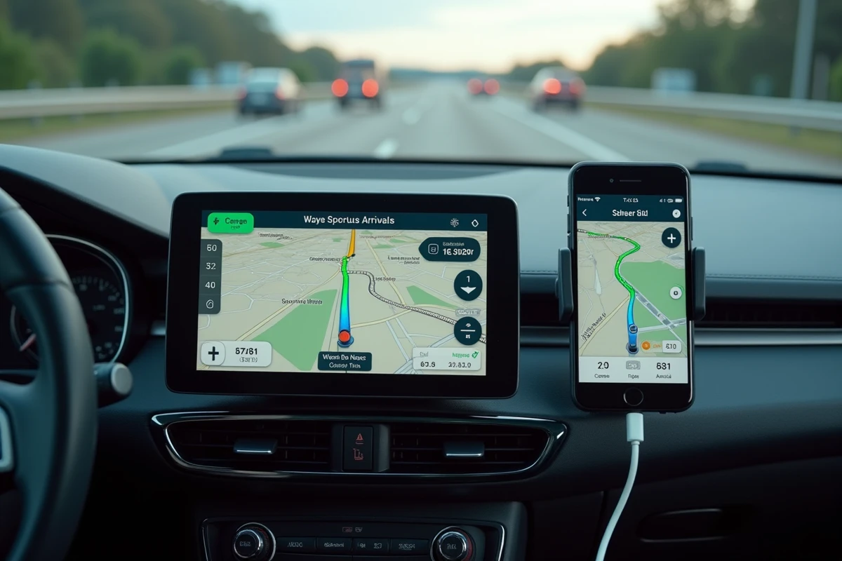 Gros plan sur le tableau de bord d'une voiture avec Waze affiché sur l'écran intégré et un smartphone monté en support